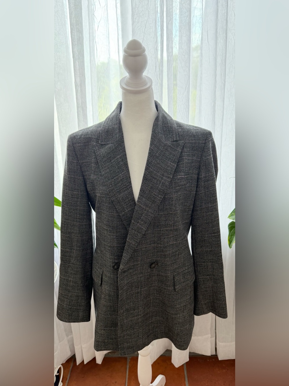 Maje Double-Breasted Gray/Pink Check Blazer - Size 38